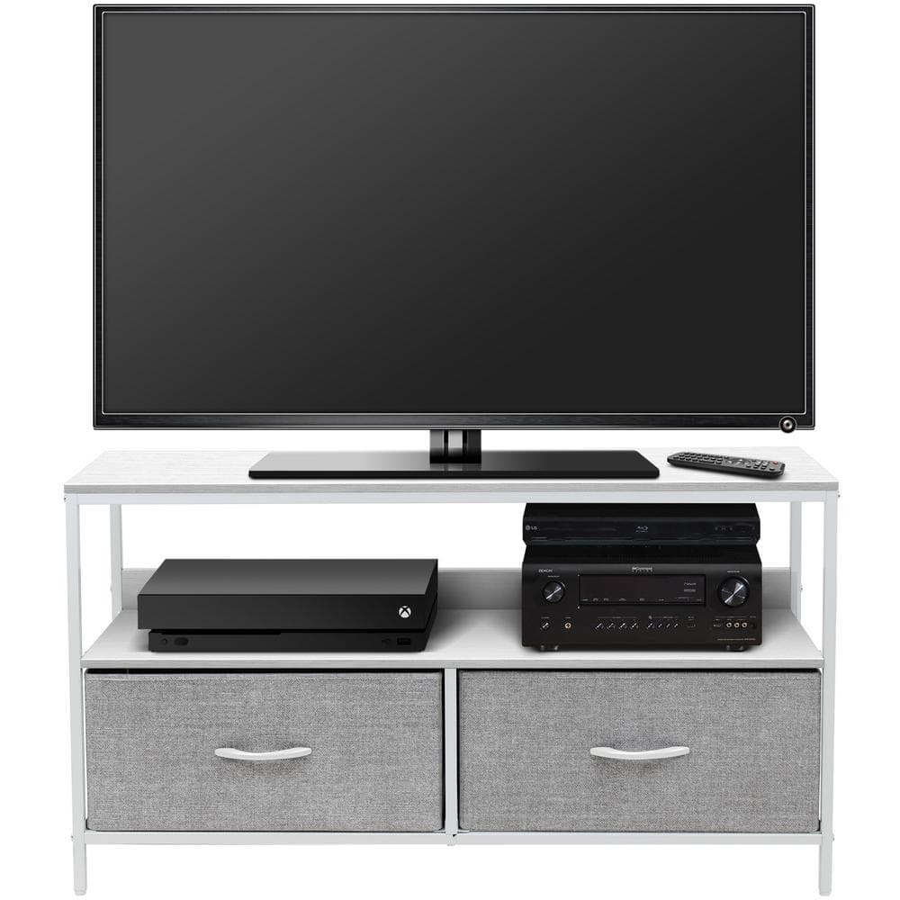 White Steel Frame TV Stand with Fabric Drawers