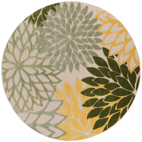 Nourison Aloha Green Multi-Color 8 ft. x 8 ft. Floral Contemporary Round Indoor/Outdoor Area Rug