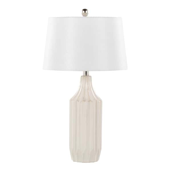 Lumisource Stella 25 in. Gloss Cream Ceramic & White Linen Table Lamp