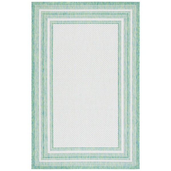 Courtyard Ivory/Green 10 ft. x 14 ft. Solid Color Striped Indoor/Outdoor Area Rug