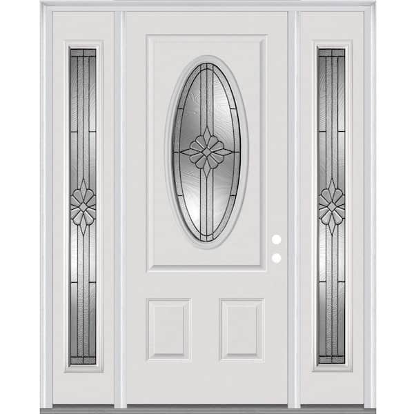 MMI Door 60 in. x 80 in. Dahlia Left Hand Inswing Oval-Lite Decorative Primed Fiberglass Smooth Prehung Front Door w/ Sidelites