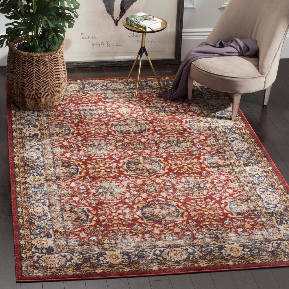 Bijar Red and Royal Floral Motif Synthetic Area Rug