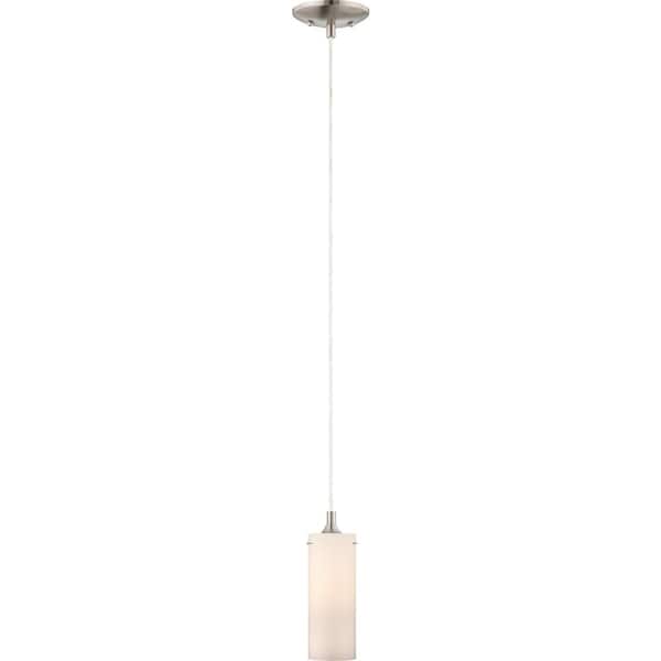 Volume Lighting Esprit 1-Light Brushed Nickel Mini Hanging Pendant with White Glass Cylinder Shade