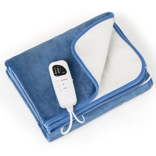 Mecale Blue Flannel Twin Electric Throw Blanket with 5 Heating Levels and Overheat Protection