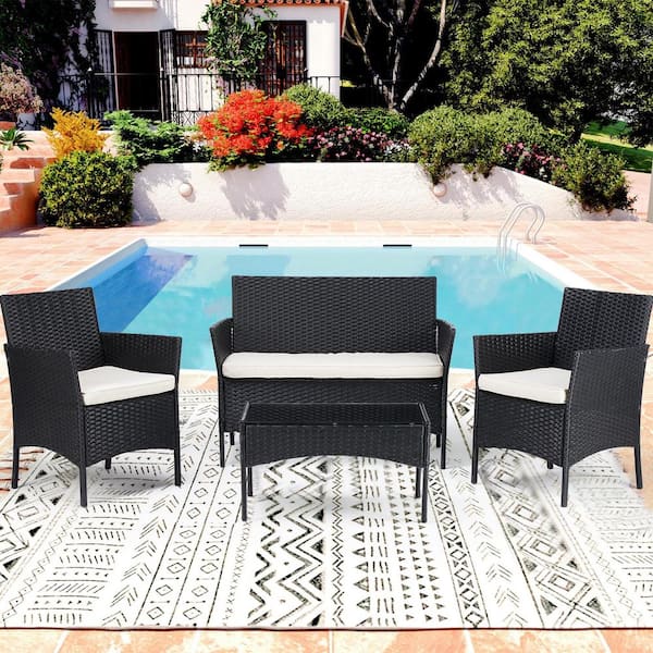 Yangming Outdoor Black 4-Piece Wicker Furniture Set Patio Conversation Set with White Cushions and Glass Top Table