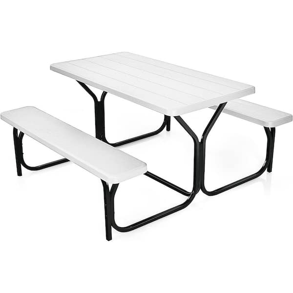 SUGIFT White Folding Steel Outdoor Patio Picnic Table with 2 Bench
