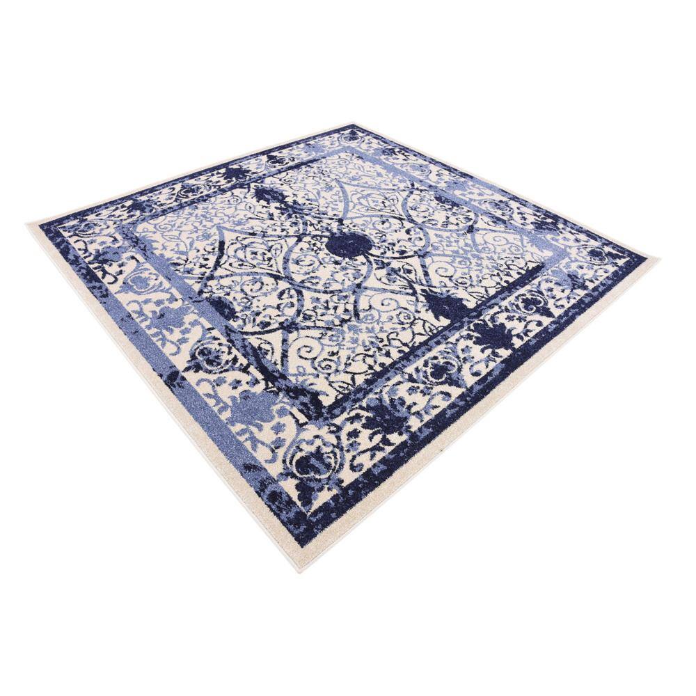 Ivory and Blue Square Stain-Resistant Synthetic Rug, 6' x 6'