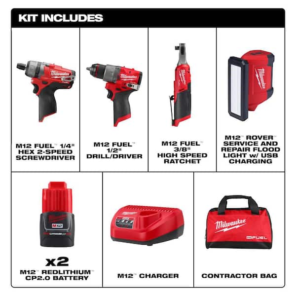 M12 12V Lithium-Ion Cordless Screwdriver, 3/8 in. High Speed Ratchet, Light, 1/2 in. Drill Driver Combo Kit (4-Tool)