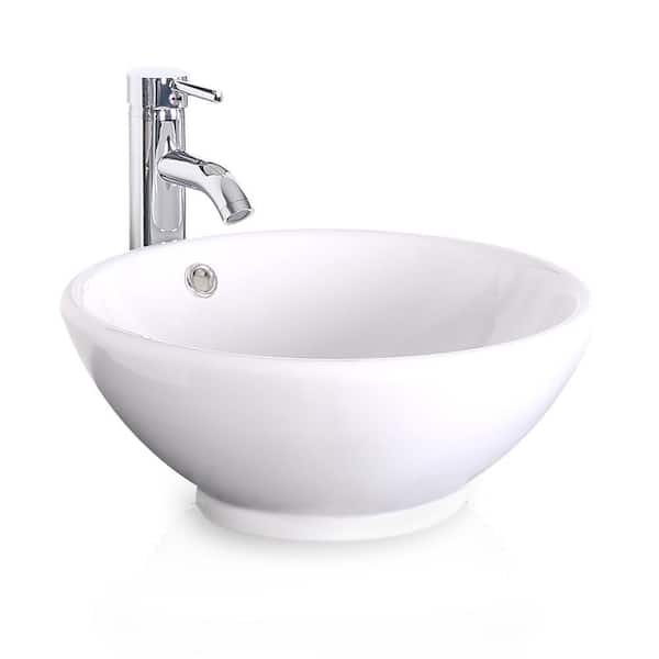 eclife White Ceramics Round Vessel Sink with Overflow Chrome Faucet Pop-Up Drain Set