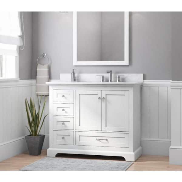 Home Decorators Collection Bluestern 42 in. Single Sink Freestanding White Bath Vanity with White Natural Veining Engineered Stone Top (Assembled)