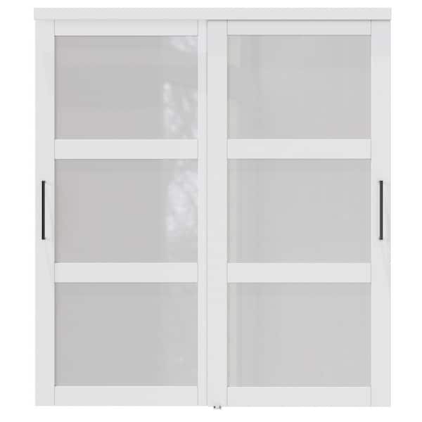 72 in. x 80 in. 3-Lite Frosted Glass White Finished MDF Interior Sliding Door with Hardware and Black Handles