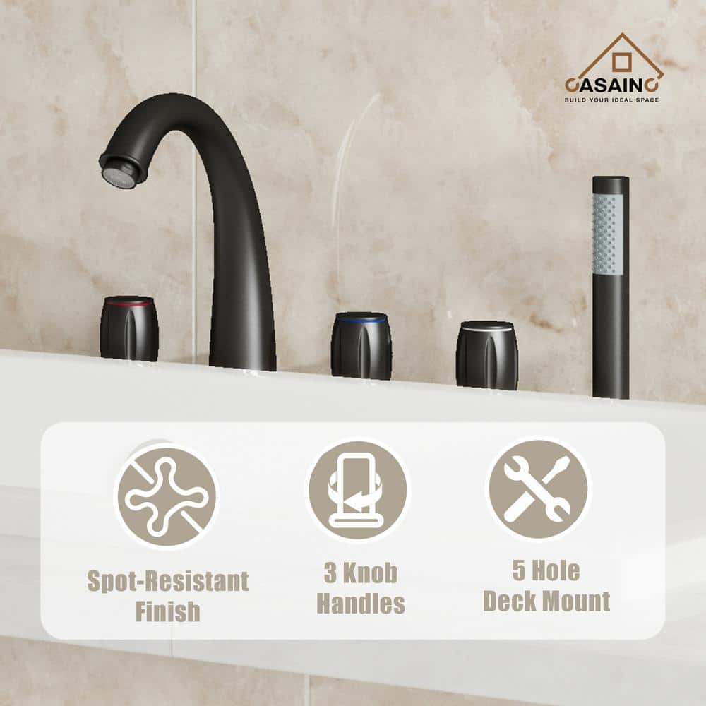 Matte Black Triple Handle Deck Mount Roman Tub Faucet with Hand Shower