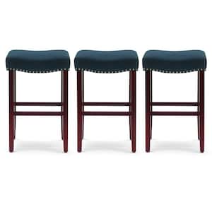 Jameson 29 in. Bar Height Cherry Wood Finish Backless Nail Head Trim Barstool Navy Blue Linen Saddle Seat (Set of 3)