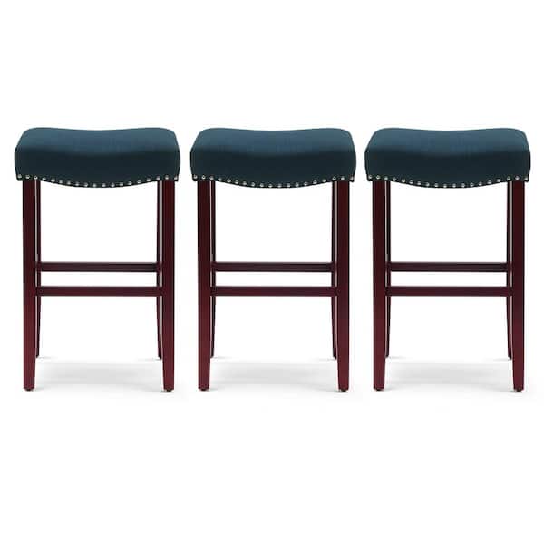 WESTINFURNITURE Jameson 29 in. Bar Height Cherry Wood Finish Backless Nail Head Trim Barstool Navy Blue Linen Saddle Seat (Set of 3)