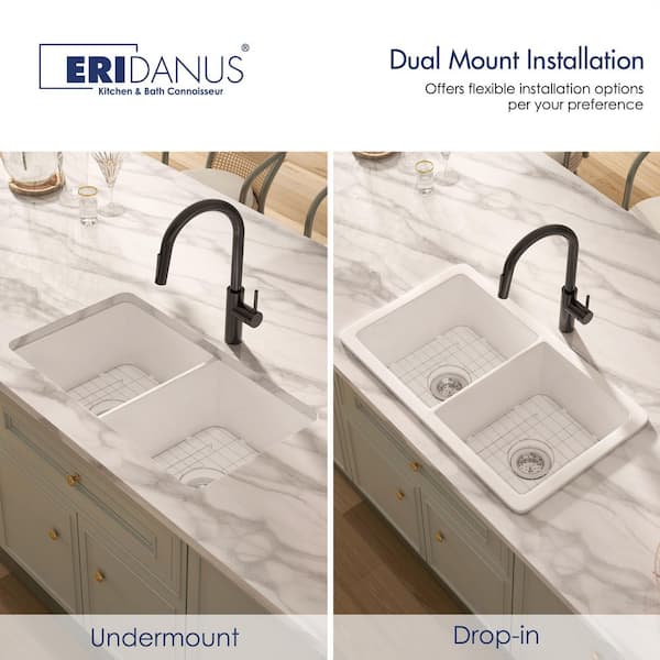 Oslo 32 in. Drop-In/Undermount Double Bowl Fireclay Kitchen Sink in Crisp White with Botton Grid and Basket Strainer