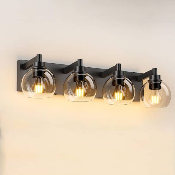 26 in. 4-Light Matte Black and Metal Vanity Light with Clear Glass Shades for Bathroom (Bulbs Not Included)