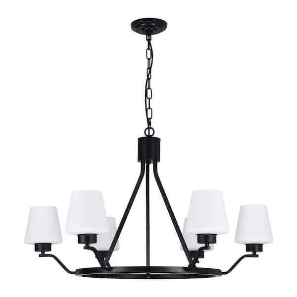 Industrial 6 Light Black Wagon Wheel Island Chandelier with White Opal Glass Shade for Kitchen Island Dining Living Room