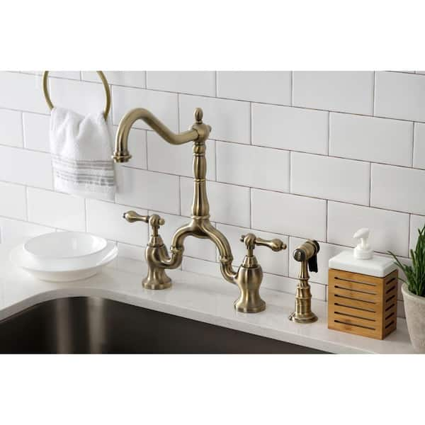 English Country Double-Handle Deck Mount Gooseneck Bridge Kitchen Faucet with Brass Sprayer in Antique Brass