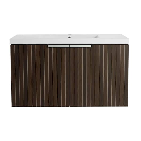 35.4 in. W x 18.1 in. D x 20.5 in. H Wall-Mounted Bath Vanity in Brown Stripe with White Resin Top