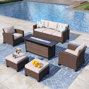 Brown Rattan Wicker 7-Seat 6-Piece Steel Outdoor Patio Conversation Set with Beige Cushions,Rectangular Fire Pit Table