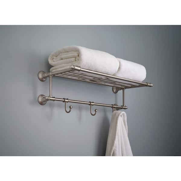 Towel Holders Delta 24 in. W Towel Shelf with 3-Towel Hooks in Brushed Nickel-HEXTN32-BN  - The Home Depot