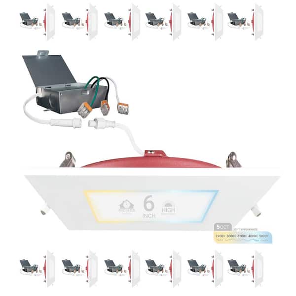 NuWatt 6 in. Square Trim 2HR Fire Rated Canless 27K-50K Select New Construction 15W Integrated LED Recessed Lighting Kit 12PK