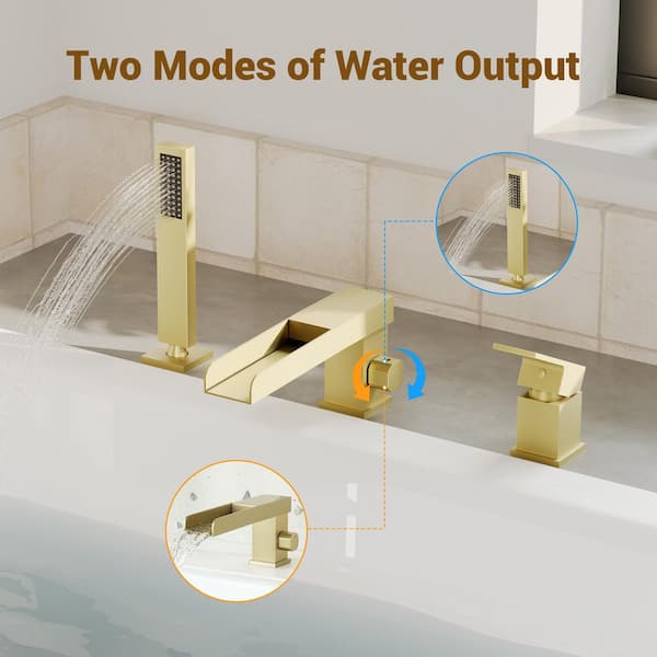 2-Handle 2-Spray Tub Deck Mount Roman Waterfall Tub Faucet with Hand Shower in Brushed Gold (Valve Included)
