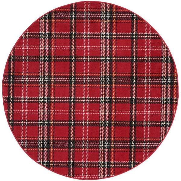 Grafix Red 5 ft. x 5 ft. Geometric Plaid Contemporary Round Rug