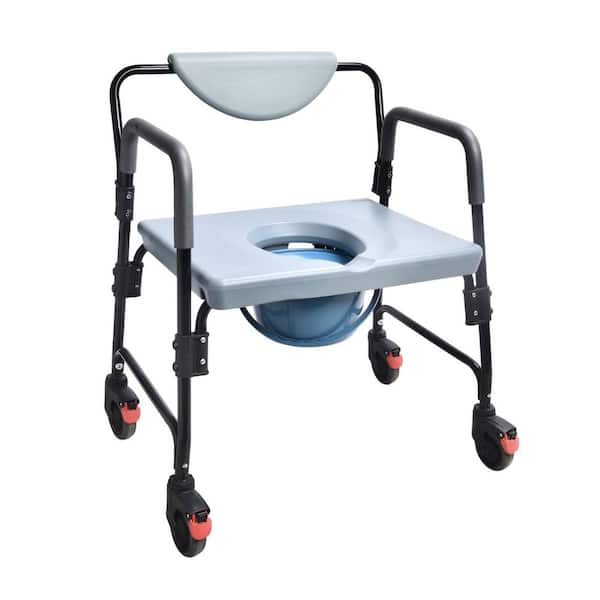 Bedside Commode with Rear Locking Wheels, 7 qt. Commode Bucket, Rolling Shower Chair, Portable Toilet Seat for Elderly