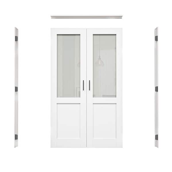 48 in. x 80 in. 1/2Lite Frosted Glass Universal White Solid Core MDF Double Prehung French Door with Jamb and Ball Catch