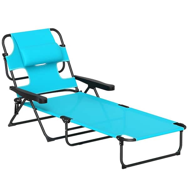 Outdoor Lounge Chair, 4-Position Beach Chair w/ Face Arm Holes, Pillow headrest, Sunbathing Chair, Set of 1, Light Blue