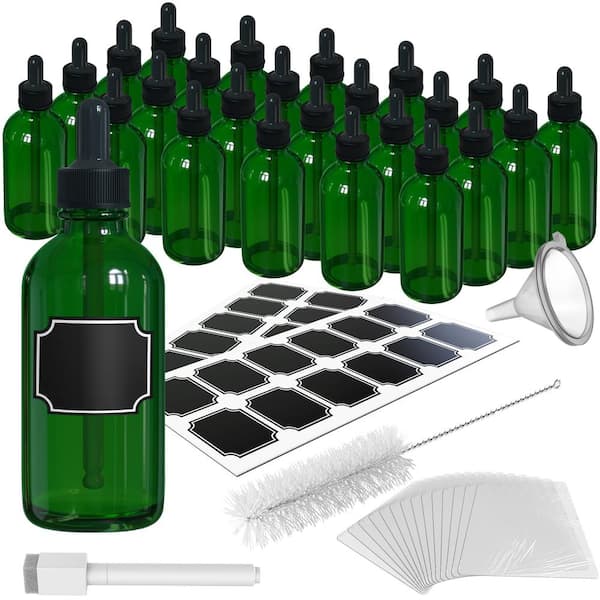 Nevlers 4 oz. Glass Dropper Bottles with Funnel, Brush, Shrink Wrap, Marker and Labels - Green (Pack of 24)