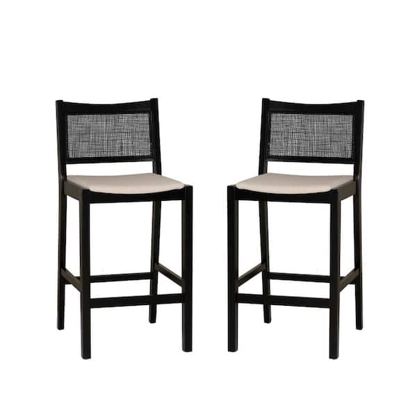 Linon Home Decor Lewis 29.25 in. Black Cane Low Back Wood Bar Stool with Fabric Seat Set of 2