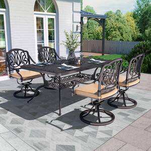 Classic Dark Brown 5-Piece Cast Aluminum Rectangle Outdoor Dining Set with Table and Swivel Dining Chairs khaki Cushion