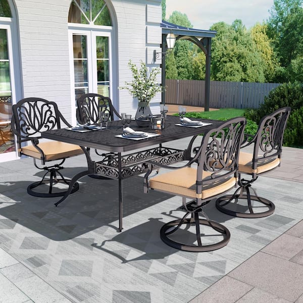 LAUREL CANYON Classic Dark Brown 5-Piece Cast Aluminum Rectangle Outdoor Dining Set with Table and Swivel Dining Chairs khaki Cushion