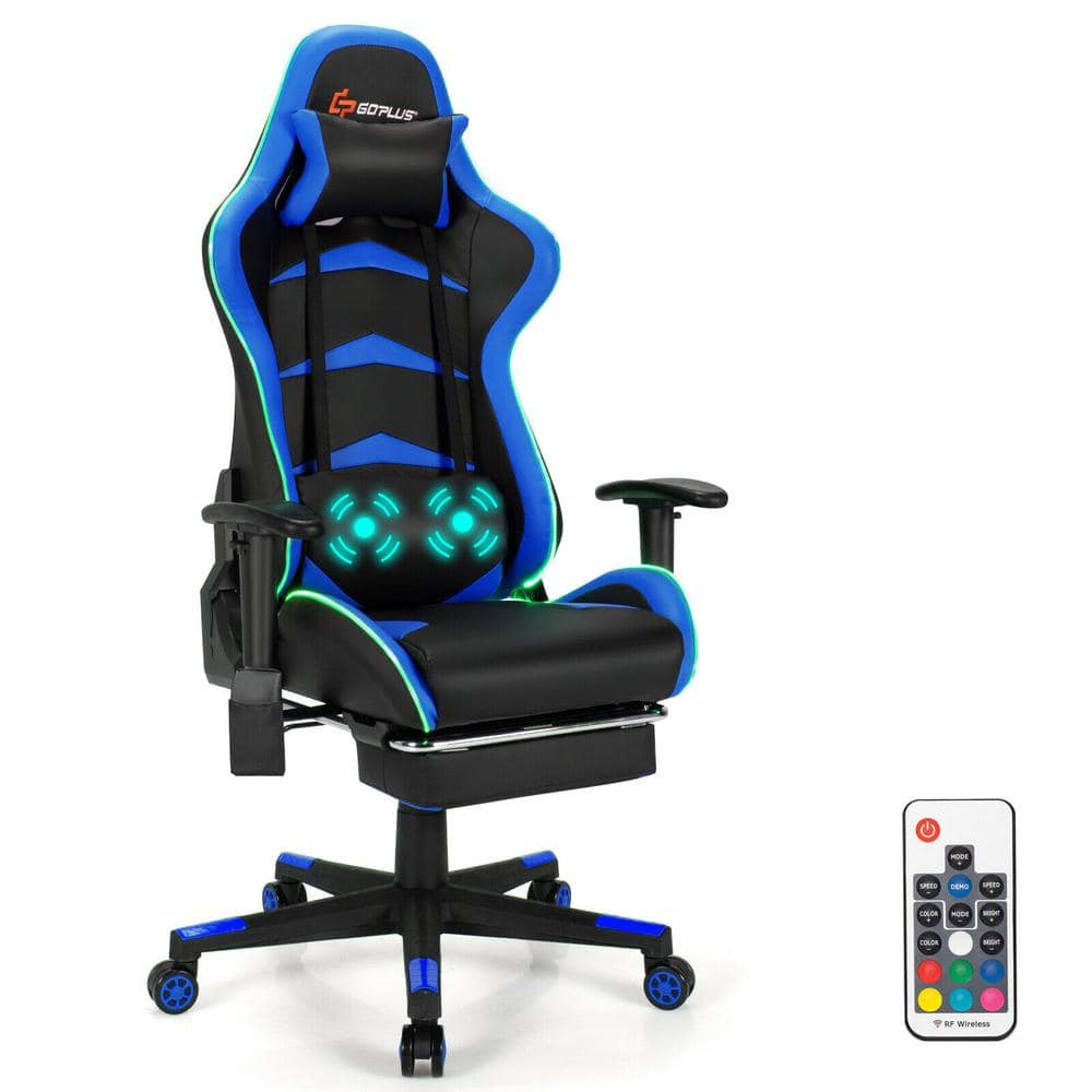 Costway Blue Massage LED Gaming Chair Reclining Racing Chair HW62042BL ...