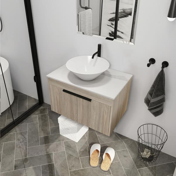30 in. W Float Bathroom Vanity with Basin Set and 2 Parcels in Brown(Khaki), Wall Mounted with Soft Close Door