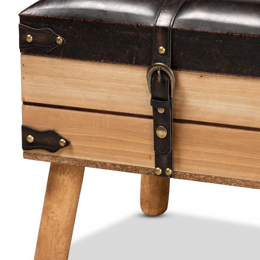 Rustic Oak and Dark Brown PU Leather Small Storage Ottoman