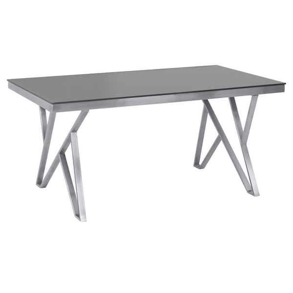 Armen Living Mirage Contemporary Dining Table in Brushed Stainless Steel and Gray Tempered Glass Top