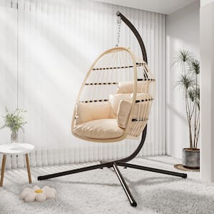 Foldable Hanging Egg Chair with Stand Up to 350 lbs. Indoor Outdoor Wicker Egg Swing, All-Weather Rattan Egg Chair