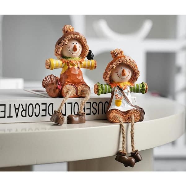 2 pack Scarecrow Fall Decor: Resin Harvest Figurines with Dangling