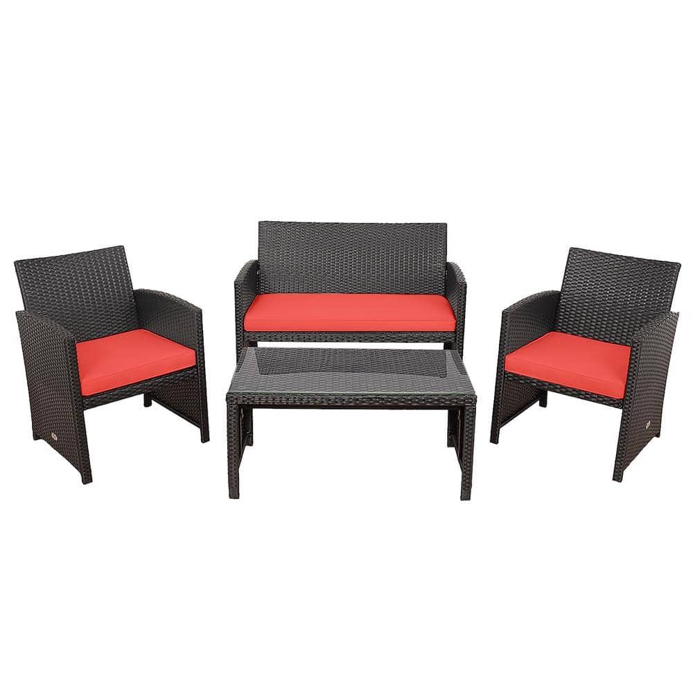 4-Pieces Rattan Patio Conversation Set Outdoor Furniture Set with Red Cushions price history on PriceWatchPro