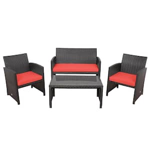 4-Pieces Rattan Patio Conversation Set Outdoor Furniture Set with Red Cushions