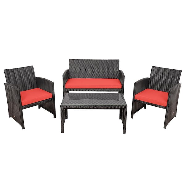 Gymax 4-Pieces Rattan Patio Conversation Set Outdoor Furniture Set with Red Cushions