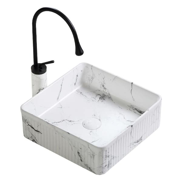 Avex Square 14.76 in. Vessel Bathroom Sink in Black & White Print Ceramic with Faucet and Darin