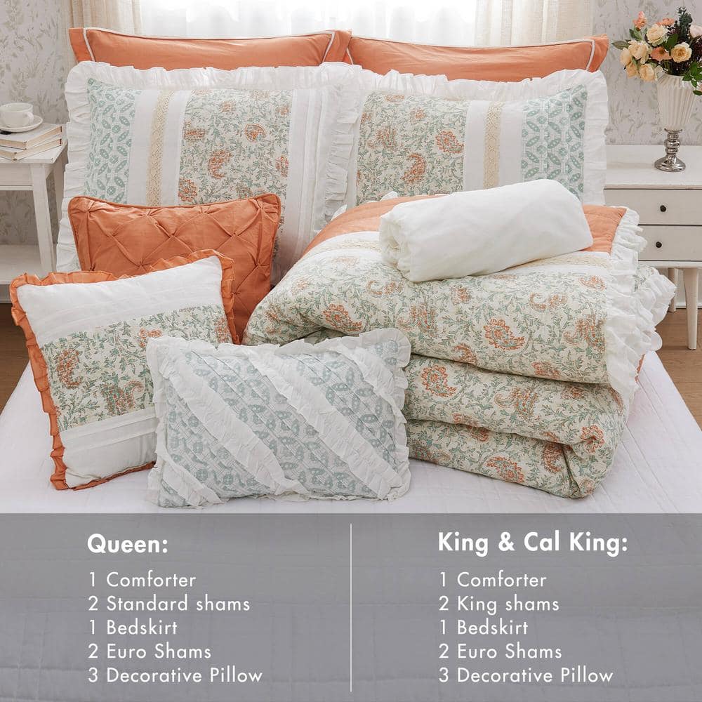 Coral and White Cotton Queen Comforter Set with Floral Print