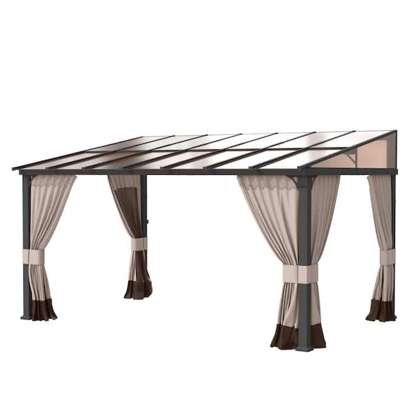 10 ft. x 14 ft. Gray Wall-Mounted Sloping Roof Gazebo with Khaki Curtain and Netting, Sunroom