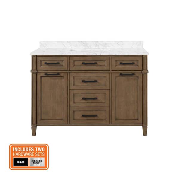 Caville 48 in. Single Sink Almond Latte Bath Vanity with Carrara Marble Top and Integrated Power Outlet (Assembled)