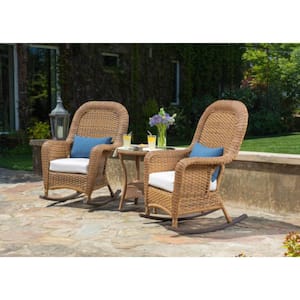 Sea Pines 3-Piece Mojave Wicker Outdoor Rocking Chair Set with Patio Side Table and Sunbrella Canvas Canvas Cushions