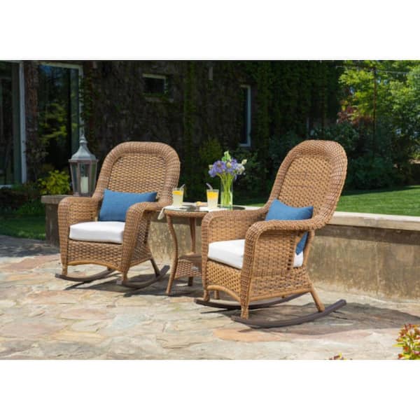 Tortuga Outdoor Sea Pines 3-Piece Mojave Wicker Outdoor Rocking Chair Set with Patio Side Table and Sunbrella Canvas Canvas Cushions